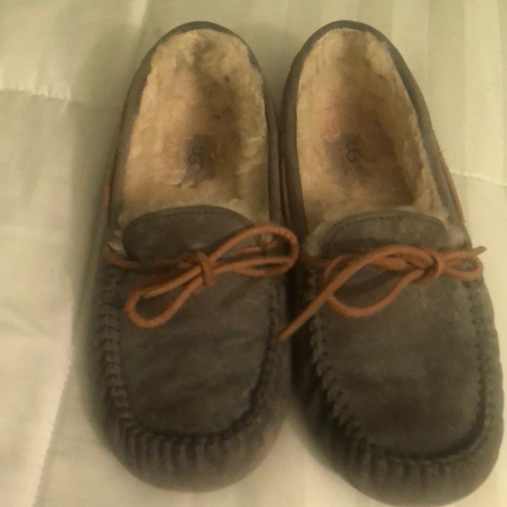 UGG Gray Suede Moccasin Slippers with Shearling Lining